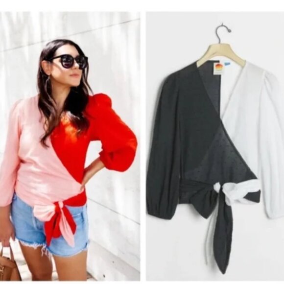 FARM RIO Colorblocked Wrap Blouse BLACK & WHITE Size Small NWT - Picture 1 of 7